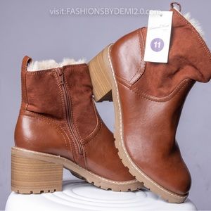 Universal Thread Womens Marla Block Heel Cognac Brown Faux Fur  Boots